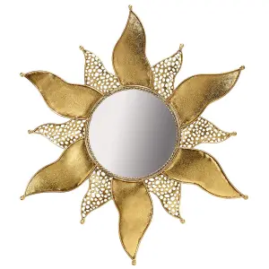 Gold Sun Wall Mirror - Decorative Round Art Deco Style Sunburst Home Decoration with Hanging Hook - 71cm Diameter