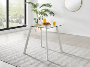 Furniturebox Seattle Scandi Inspired Glass and White Leg Square Dining Table & 4 White Cushioned Stockholm Beech Wood Leg Chairs