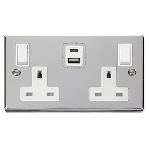 Polished Chrome 2 Gang 13A Type A & C USB Twin Double Switched Plug Socket - White Trim - SE Home