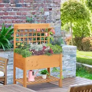 Outsunny Wooden Planter Raised Elevated Garden Bed w/ 2 Shelves, 105x40x135cm