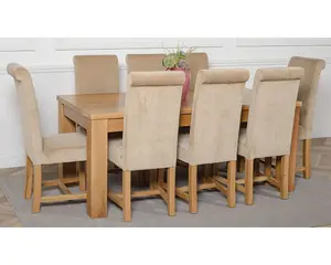 Dakota 182 x 92 cm Chunky Oak Large Dining Table and 8 Chairs Dining Set with Washington Beige Fabric Chairs