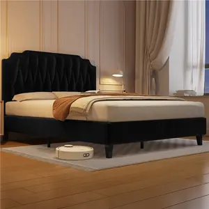 Upholstered Bed Frame with with Button-Tufted Headboard Black / Double