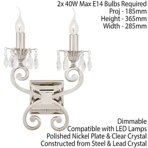 Esher Luxury Twin Curved Arm Traditional Wall Light Bright Nickel Crystal Drop