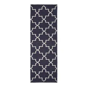 Homescapes Edmonton Navy Blue and White 100% Cotton Geometric Pattern KIlim Rug, 66 x 200 cm