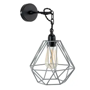 ValueLights Huber Industrial Style Satin Black Wall/Ceiling Light Fitting with Grey Metal Cage Shade