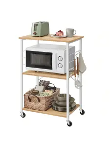 VASAGLE Kitchen Shelf On Wheels, Serving Trolley With 3 Shelves, Microwave Shelf, For Mini Oven, Toaster, With 6 Hooks