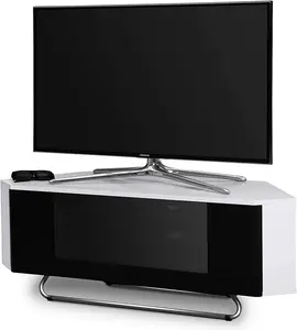 Homeology Hampshire Corner-Friendly Gloss White with Black Beam-Thru Remote Friendly Door up to 50" Flat Screen TV Cabinet