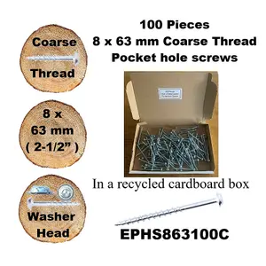 Pocket Hole Screws for Softwoods, 63mm Long, Pack of 100, Coarse Self-Cutting Threaded Square Drive, EPHS863100C, EPH Woodworking