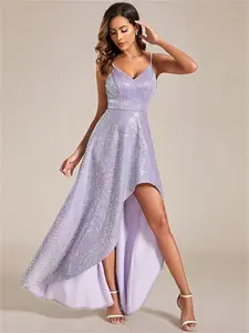 Elegant V-Neck High-Low Sequin Evening Dress