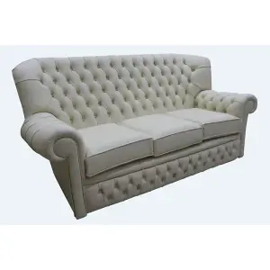 Chesterfield 3 Seater Cottonseed Cream Leather Sofa Bespoke In Monks Style