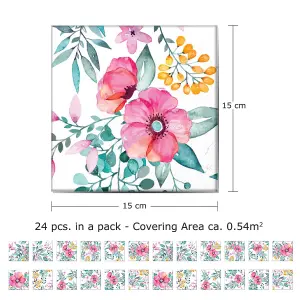 24 Pieces 15x15cm Sweet Spring Bouquet Tile Stickers