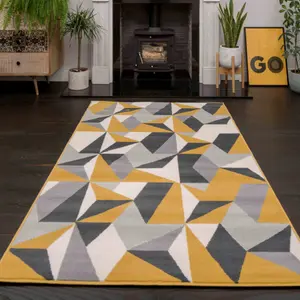 Yellow Ochre Grey Kaleidoscope Geometric Living Room Rug 240x330cm