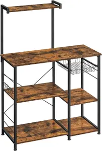 VASAGLE Industrial Kitchen Organizer, Standing Shelf with Metal Basket, 6 Hooks, Microwave Shelf Rack, Spice Rack, Dark Brown