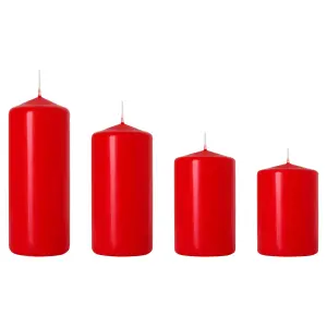 Set of 4 Pillar Candles, Set of 4 Votive Candles, Decorative Household Candles, Long Burning Time - Advent, Christmas (Red)