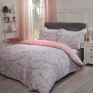 Dreamscene Spring Blossoms Print Duvet Cover with Pillowcases, Blush - Double