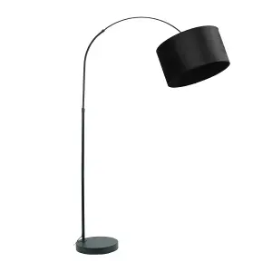 ValueLights Louis Black Arched Curved Floor Lamp with Black Velvet Drum Lamp Shade and LED Bulb