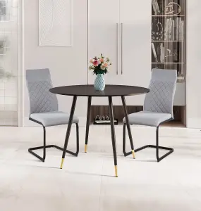 Hallowood Furniture Finley Small Round Dining Table in Black Finish with 2 High Back Light Grey Fabric Chairs