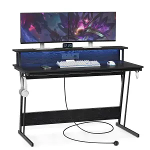 VASAGLE Gaming Desk with LED Lights and Built-In Power Outlets, Computer Desk with Monitor Shelf, Gaming Table for 2 Monitors