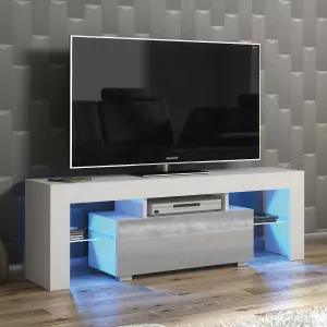 Floe TV Unit 130cm White & Grey with High Gloss Doors and LED Lighting - Creative Furniture