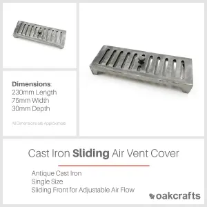 Oakcrafts - Antique Cast Iron Adjustable Sliding Single Air Vent - 75mm x 230mm