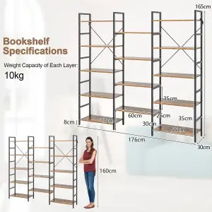 Costway 5-tier Industrial Bookshelf Large Triple Floor Standing Bookcase Display Shelf