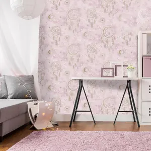 WallpaperShop Dreamcatcher Pink Gold Wallpaper Children's Bedroom Feature Wall