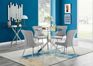 Furniturebox UK Novara Chrome Metal Round Glass Dining Table And 4 Light Grey Nora Silver Leg Chairs