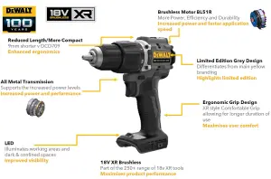 Dewalt DCD100N Black 18v XR Brushless Compact Combi Hammer Drill 100 Year + Case