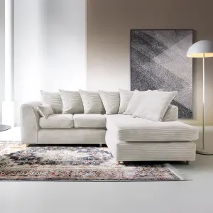 Jumbo White Cord Right Facing Corner Sofa for Living Room with Thick Luxury Deep Filled Cushioning