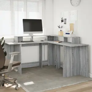 Berkfield Desk with LED Lights Grey Sonoma 152x152x91 cm Engineered Wood