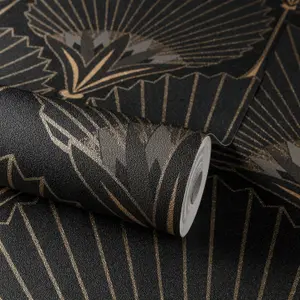 Grandeco Art Deco Nile Palm Textured Wallpaper, Black Gold