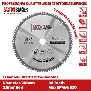 Saxton TCT21080T254B TCT Circular Saw Blade 210mm x 80 Teeth x  25.4mm Bore