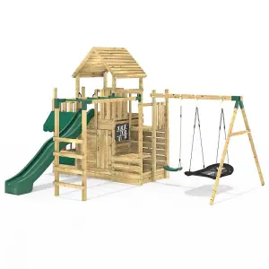 Rebo Modular Wooden Climbing Frame Playset - M25 Swings, Monkey Bars & Den