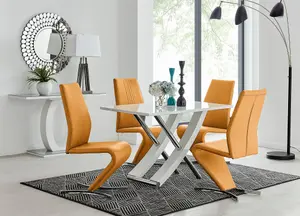 Furniturebox UK Mayfair 4 White High Gloss And Stainless Steel Dining Table And 4 Mustard Yellow Luxury Willow Chairs Set