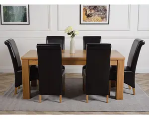 Dakota 182 x 92 cm Chunky Oak Large Dining Table and 6 Chairs Dining Set with Montana Black Leather Chairs