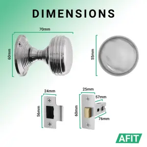 AFIT Lined Door Knob Set Satin Chrome - 4 Pairs of Mortice Knobs (55mm) & Latch (76mm) for Internal Doors