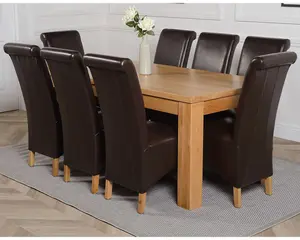 Dakota 182 x 92 cm Chunky Oak Large Dining Table and 8 Chairs Dining Set with Montana Brown Leather Chairs