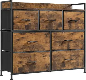 SONGMICS Bedroom Organizer, Chest of 7 Fabric Drawers, Metal Framed Cabinet, Rustic Brown and Ink Black