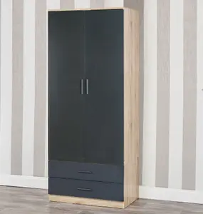 URBNLIVING 180cm Tall Wooden 2 Door Wardrobe Oak Carcass and Black Drawers With 2 Drawers Bedroom Storage Hanging Bar Clothes