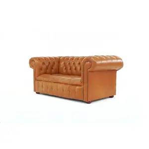 Chesterfield 2 Seater Buttoned Seat Sofa Old English Tan Real Leather In Classic Style