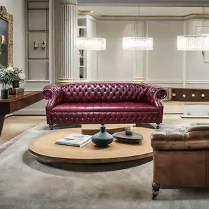 Chesterfield 4 Seater Old English Burgandy Leather Sofa Bespoke In Buckingham Style