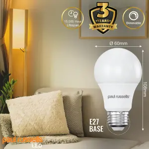 paul russells LED GLS Dimmable Bulb Edison Screw ES E27, 8.5W 806Lumens A60, 60w Equivalent, 2700K Warm White Light Bulbs