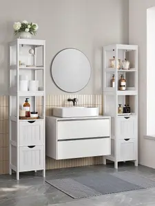 VASAGLE Tall Bathroom Cabinet With Feet And Slim Column With 2 Drawers And 3 Open Compartments, 30 X 30 X 141.5 Cm, White