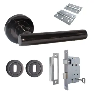 Door Handles T Bar Straight Lever on Rose Escutcheon & Lock & Hinges - Black Nickel