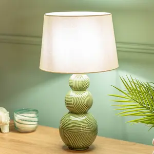 ValueLights Avery Green Ceramic Stacked Balls Table Lamp with a White Tapered Fabric Shade - Bulbs Included