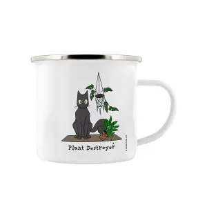 Spooky Cat Plant Destroyer Enamel Mug White (One Size)