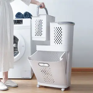 Laundry Basket 2 Tier 3 Section Laundry Hamper Sorter Divided Clothes Storage Organizer on Wheels