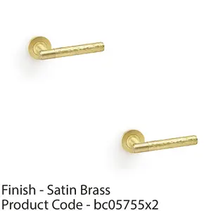 2 PACK - SOLID BRASS Hammered Door Handle Set - Satin Brass Straight Lever Round Rose