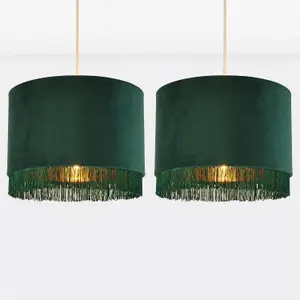 First Choice Lighting Set of 2 Spruce Green Velvet With Gold Inner Tassled Light Shades