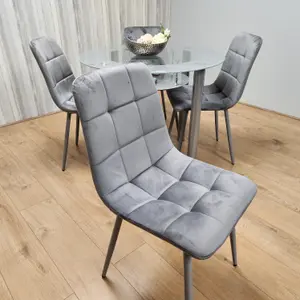 Round Glass Grey Kitchen Dining Table With Storage Shelf And 4 Grey Tufted Velvet Chairs Kitchen Dining Set